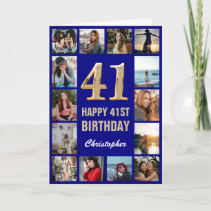 41st Happy Birthday Navy Blue & Gold Photo Collage Card