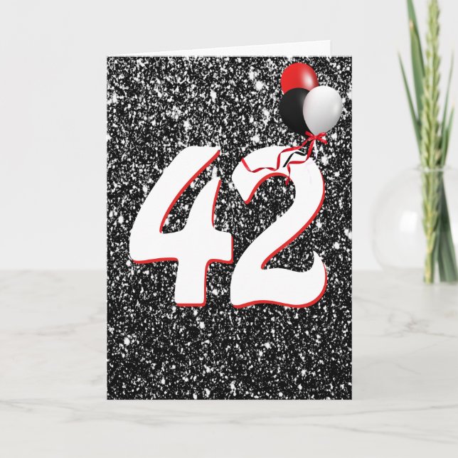 42nd Birthday Balloons on Black Glitter  Card (Front)