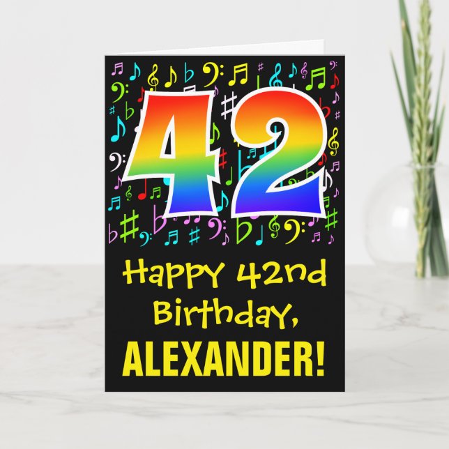 42nd Birthday: Colorful Music Symbols + Rainbow 42 Card (Front)
