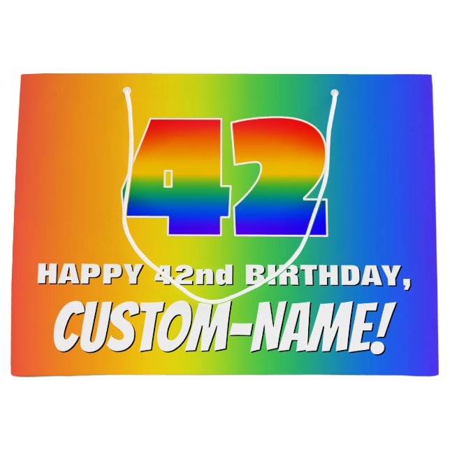 42nd Birthday: Colourful, Fun Rainbow Pattern # 42 Large Gift Bag (Front)