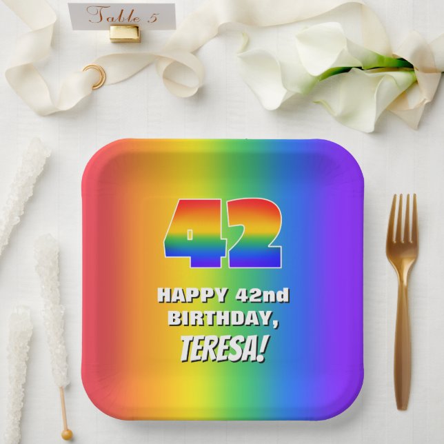 42nd Birthday: Colourful, Fun Rainbow Pattern # 42 Paper Plate (Wedding)