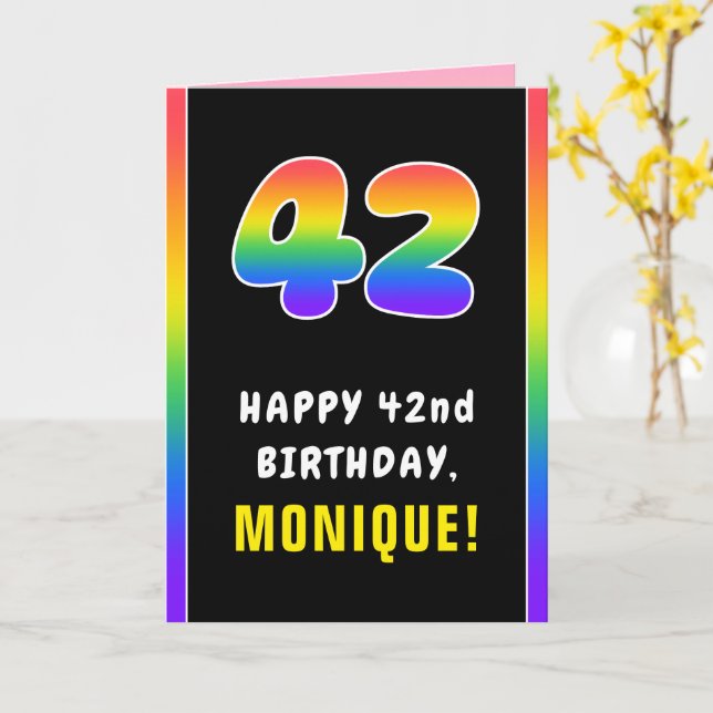 42nd Birthday: Colourful Rainbow # 42, Custom Name Card (Yellow Flower)