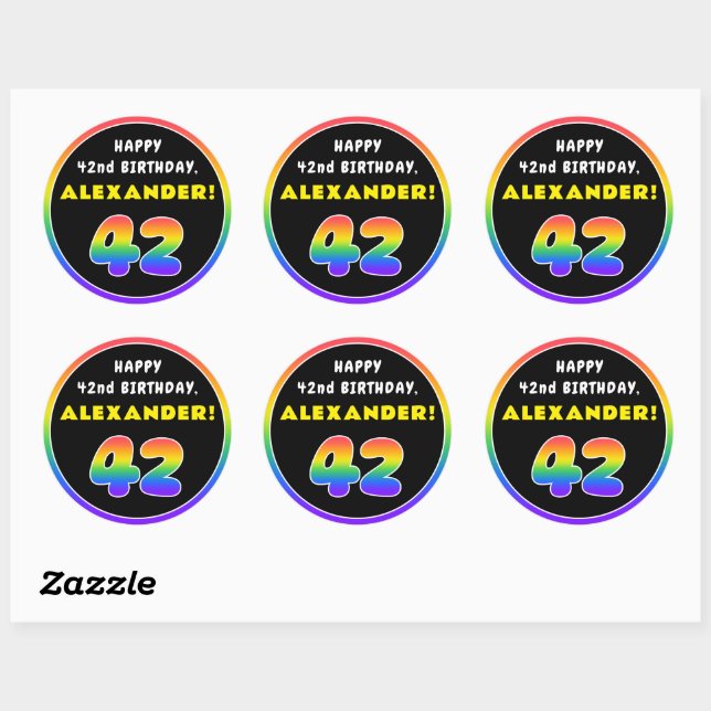 42nd Birthday: Colourful Rainbow # 42, Custom Name Classic Round Sticker (Sheet)