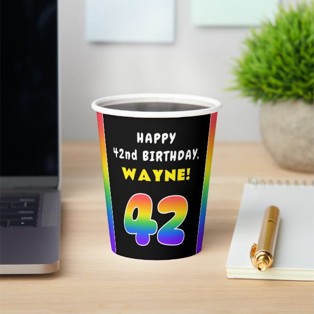 42nd Birthday: Colourful Rainbow # 42, Custom Name Paper Cups (Insitu)