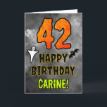 42nd Birthday: Eerie Halloween Theme   Custom Name Card<br><div class="desc">The front of this scary and spooky Hallowe’en themed birthday greeting card design features a large number “42”. It also features the message “HAPPY BIRTHDAY, ”, and an editable name. There are also depictions of a ghost and a bat on the front. The inside features a custom birthday greeting message,...</div>