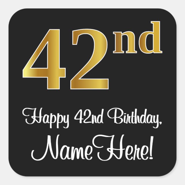 42nd Birthday – Elegant Luxurious Faux Gold Look # Square Sticker (Front)