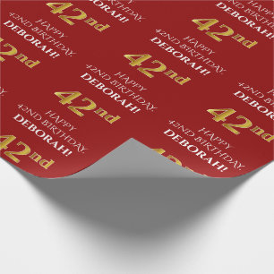 42nd Birthday: Elegant, Red, Faux Gold Look Wrapping Paper