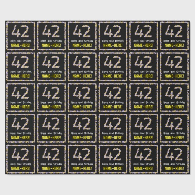 42nd Birthday: Floral Flowers Number, Custom Name Wrapping Paper (Seam)