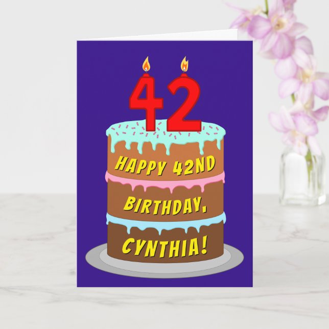 42nd Birthday: Fun Cake and Candles + Custom Name Card (Orchid)