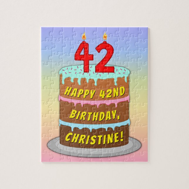 42nd Birthday: Fun Cake and Candles + Custom Name Jigsaw Puzzle (Vertical)