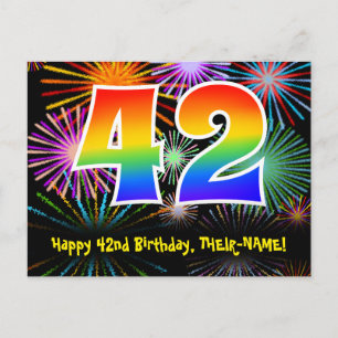 42nd Birthday – Fun Fireworks Pattern + Rainbow 42 Postcard