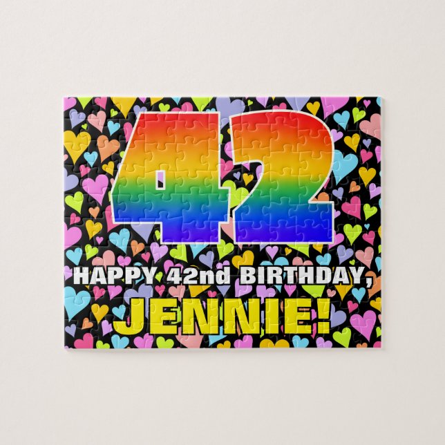 42nd Birthday — Fun, Loving Heart Shapes + “42” Jigsaw Puzzle (Horizontal)