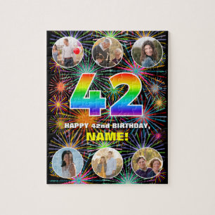 42nd Birthday: Fun Rainbow #, Custom Name + Photos Jigsaw Puzzle