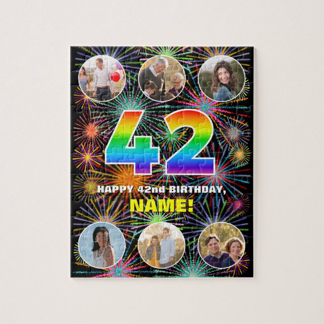 42nd Birthday: Fun Rainbow #, Custom Name + Photos Jigsaw Puzzle (Vertical)