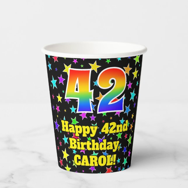 42nd Birthday: Fun Stars Pattern and Rainbow 42 Paper Cups (Back)