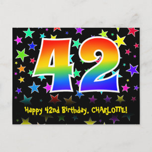 42nd Birthday: Fun Stars Pattern, Rainbow 42, Name Postcard