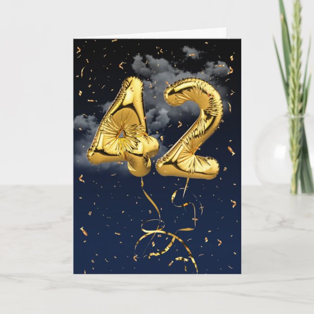 42nd Birthday Gold Mylar Balloon and Confetti Card (Front)