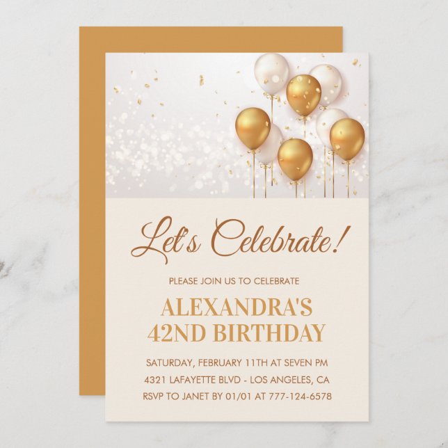 42nd birthday invitations Gold Balloons  (Front/Back)