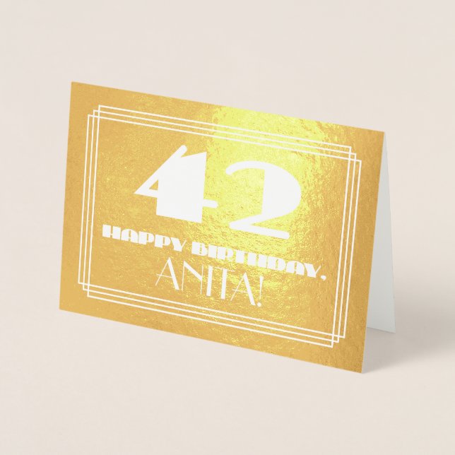 42nd Birthday: Name + Art Deco Inspired Look "42" Foil Card (Front)