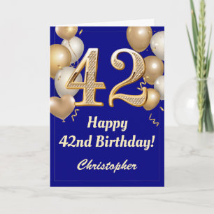 42nd Birthday Navy Blue and Gold Balloons Confetti Card