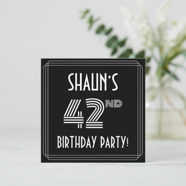 42nd Birthday Party: Art Deco Style w/ Custom Name Invitation (Standing Front)