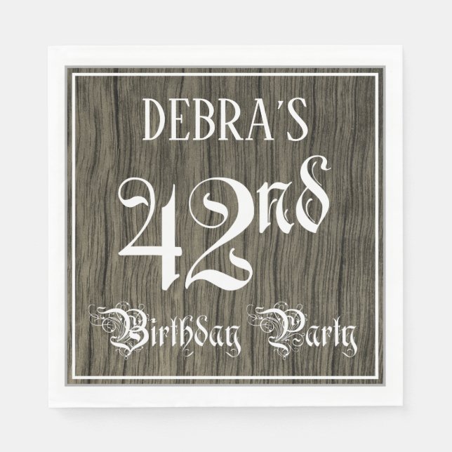 42nd Birthday Party — Fancy Script, Faux Wood Look Napkin (Front)