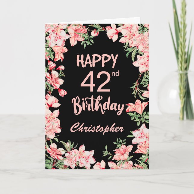 42nd Birthday Pink Peach Watercolor Floral Black Card (Front)
