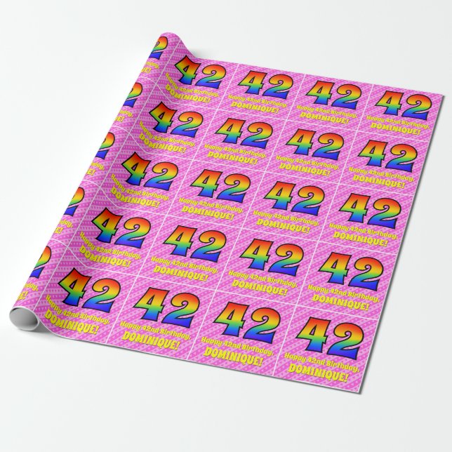42nd Birthday: Pink Stripes & Hearts, Rainbow # 42 Wrapping Paper (Unrolled)