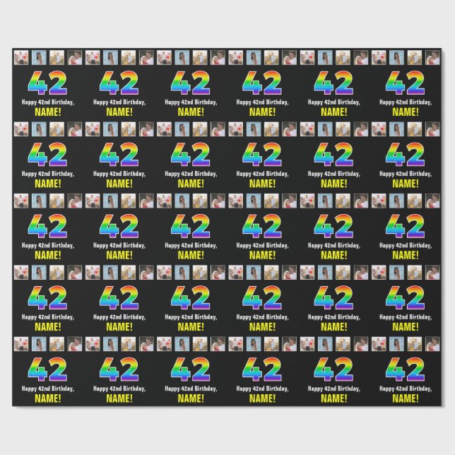 42nd Birthday: Rainbow “42“; Custom Photos & Name Wrapping Paper (Flat)