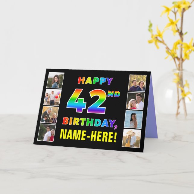 42nd Birthday: Rainbow Text, Custom Photos & Name Card (Yellow Flower)
