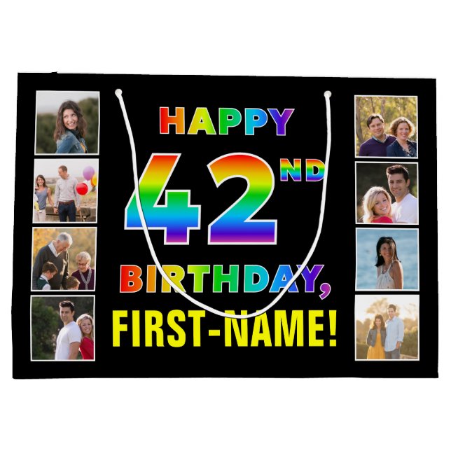 42nd Birthday: Rainbow Text, Custom Photos & Name Large Gift Bag (Back)