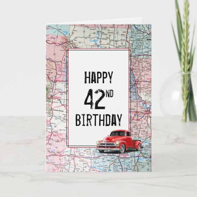 42nd Birthday Red Retro Truck on Map     Card (Front)