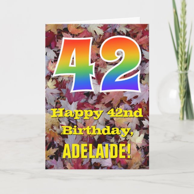 42nd Birthday; Rustic Autumn Leaves; Rainbow "42" Card (Front)