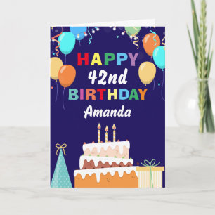 42nd Happy Birthday Balloons Cake Navy Blue Card