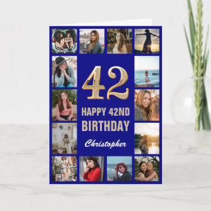 42nd Happy Birthday Navy Blue & Gold Photo Collage Card