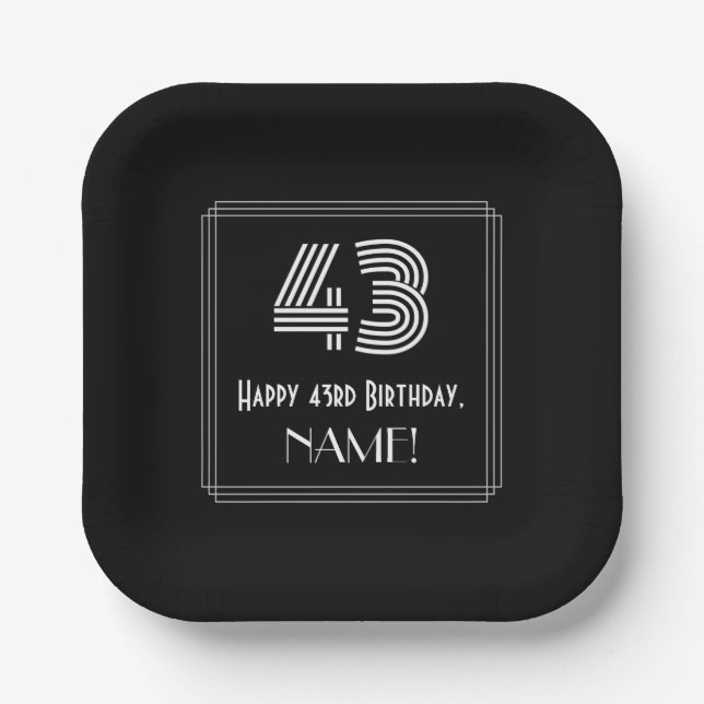 43rd Birthday — Art Deco Inspired Look “43” + Name Paper Plate (Front)