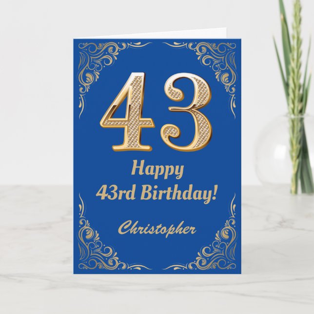 43rd Birthday Blue and Gold Glitter Frame Card (Front)