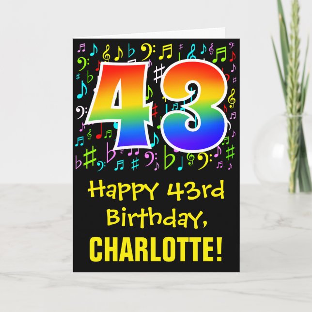 43rd Birthday: Colorful Music Symbols + Rainbow 43 Card (Front)