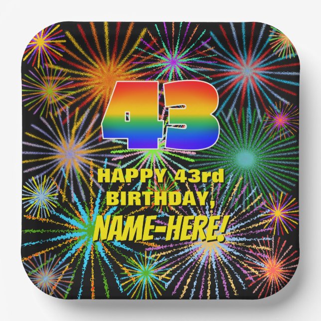 43rd Birthday: Colourful, Fun Celebratory Firework Paper Plate (Front)