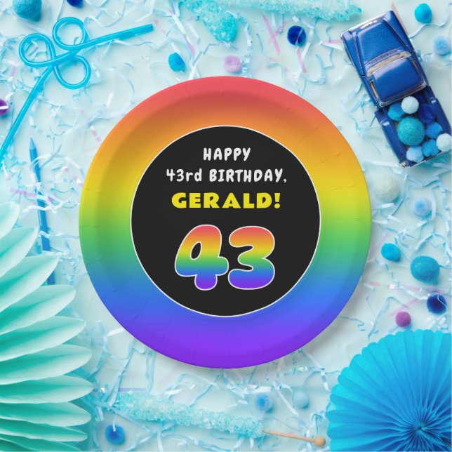 43rd Birthday: Colourful Rainbow # 43, Custom Name Paper Plate (Party)