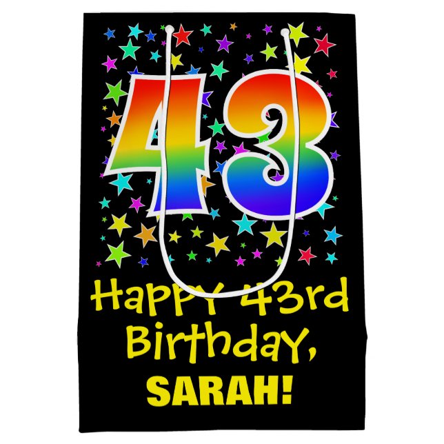 43rd Birthday: Colourful Stars Pattern & Rainbow 4 Medium Gift Bag (Back)