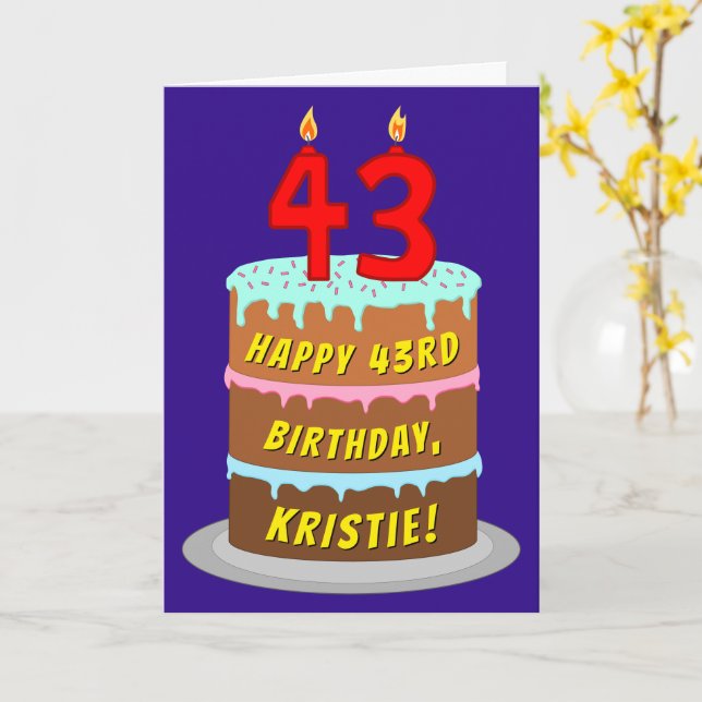 43rd Birthday: Fun Cake and Candles + Custom Name Card (Yellow Flower)