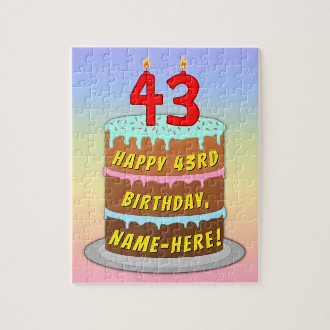 43rd Birthday: Fun Cake and Candles + Custom Name Jigsaw Puzzle (Vertical)