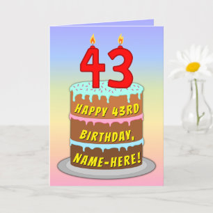 43rd Birthday — Fun Cake & Candles, w/ Custom Name Card