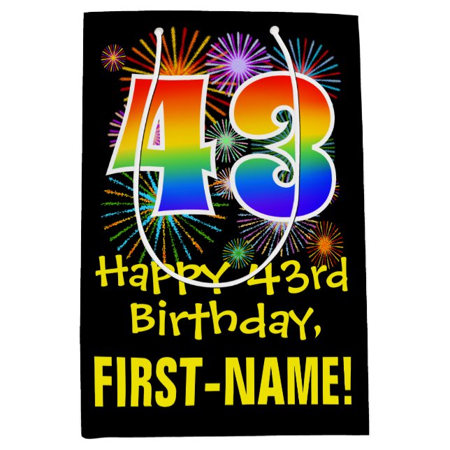 43rd Birthday: Fun Fireworks Pattern + Rainbow 43 Medium Gift Bag (Front)