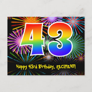 43rd Birthday – Fun Fireworks Pattern + Rainbow 43 Postcard