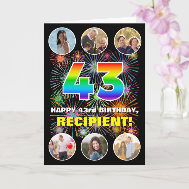 43rd Birthday: Fun Rainbow #, Custom Name & Photos Card (Orchid)