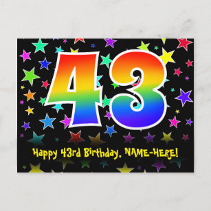43rd Birthday: Fun Stars Pattern, Rainbow 43, Name Postcard
