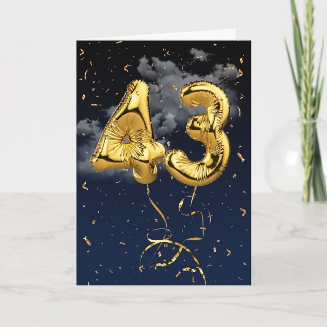 43rd Birthday Gold Mylar Balloon and Confetti Card (Front)