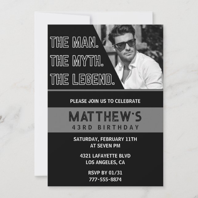 43rd birthday invitations Black The Man The Legend (Front)